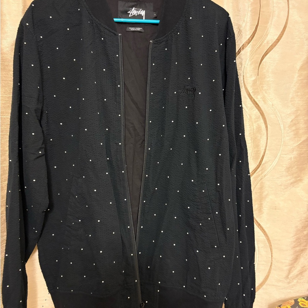 Stussy Men’s Large Seersucker Black Jacket with White Dots